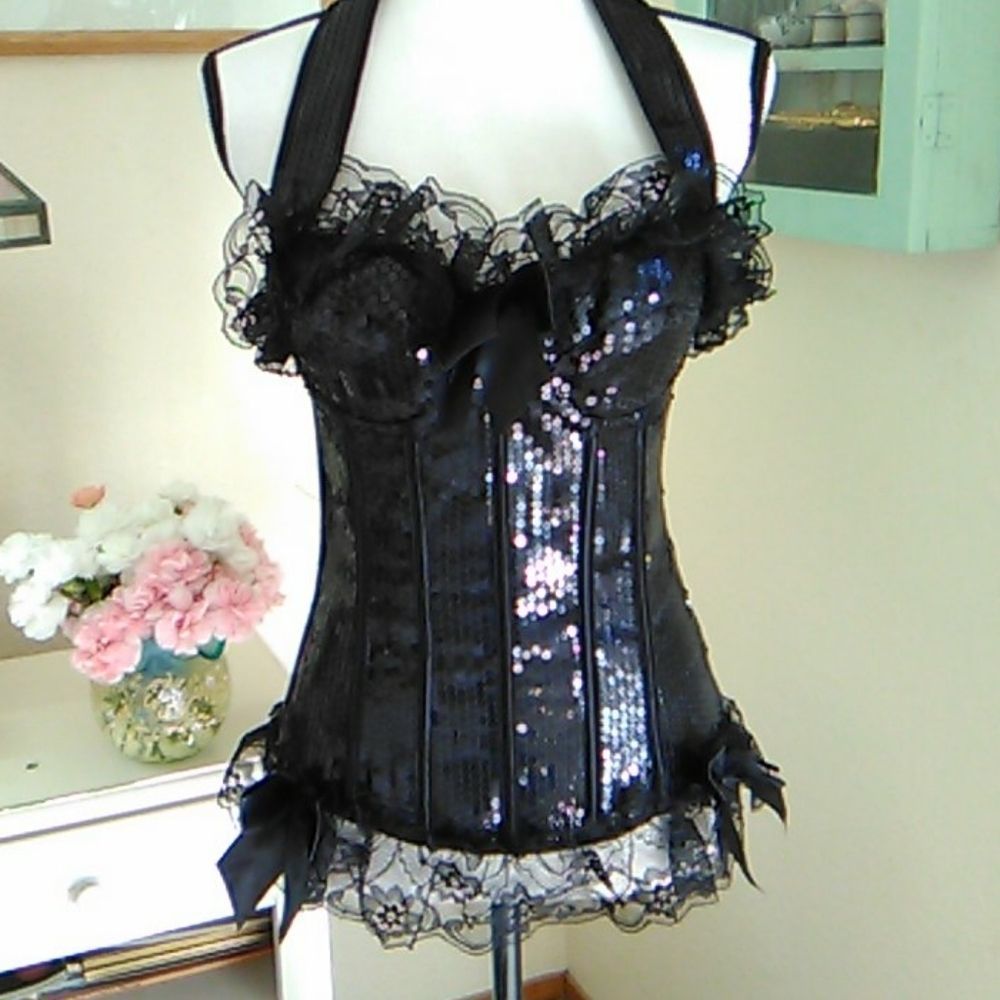 Black Sequin Lace Halter Camisole Top